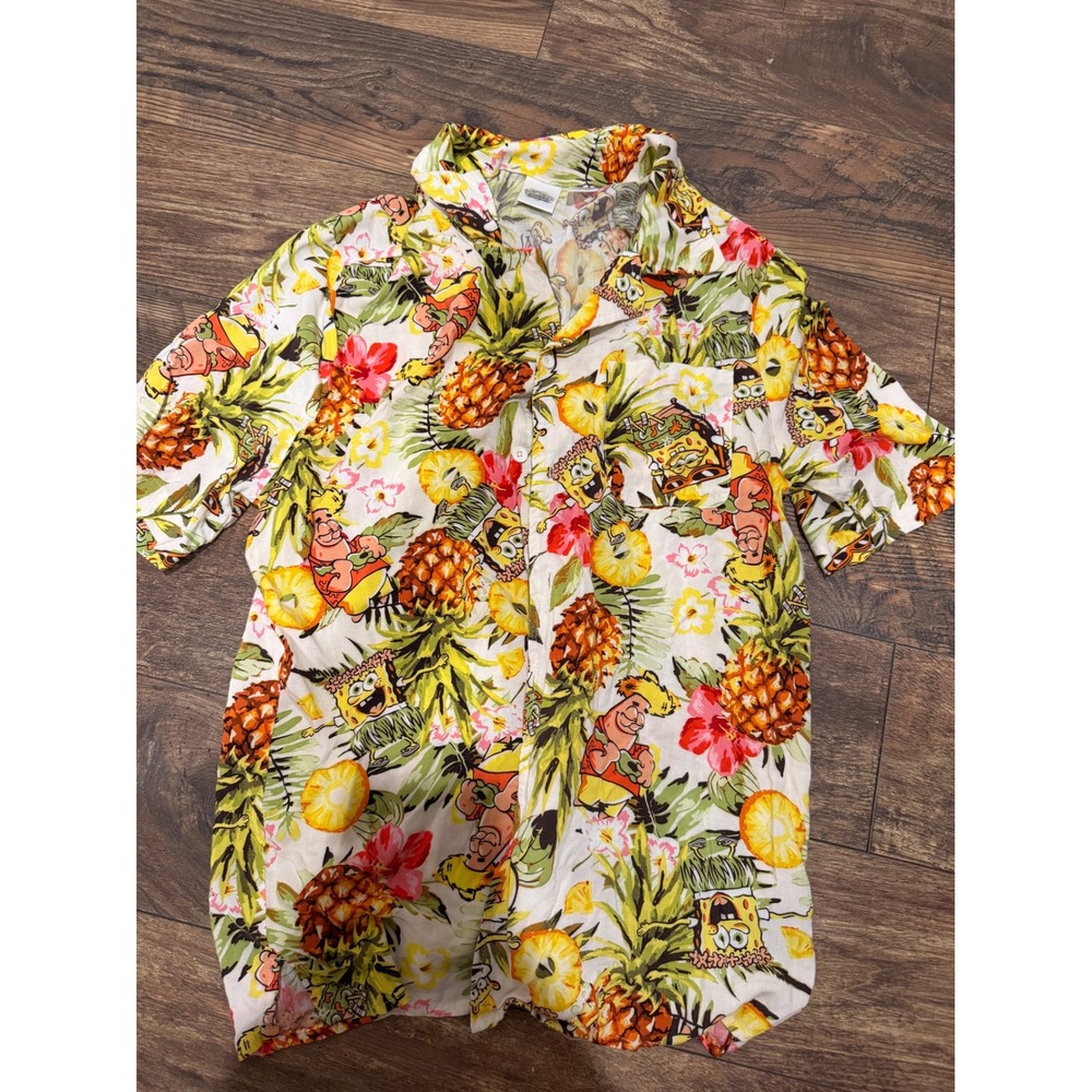 SpongeBob SquarePants Mens Hawaiian‎ Shirt Medium Tropical Pineapple Print